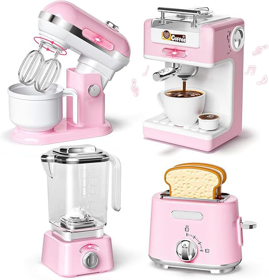 Pretend Play Kitchen Appliances Toy Set with Realistic Coffee Maker Machine, Toaster, Mixer and Blender, Kids Kitchen Playset with Sound & Light for Kids Age 3–5 4-8