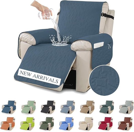XINEAGE 100% Waterproof Recliner Chair Covers with Elastic Straps, Nonslip Reclining Couch Covers Washable Recliner Couch Cover with Pockets Furniture Protector for Pets Dogs (Berlin Blue, 23")