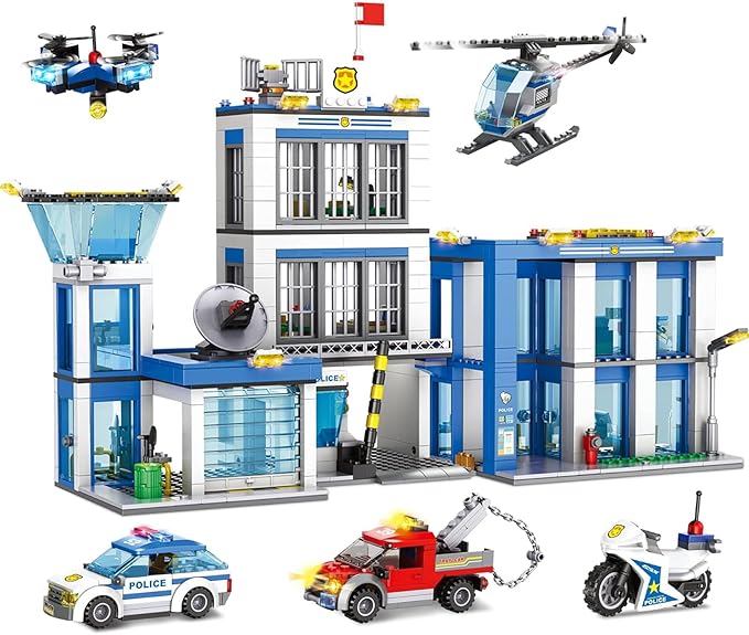 City Police Station Building Blocks Sets, City Police Prison Kits with Police Car, Helicopter Motorcycle, Trailer and Drone, Toy Building Kit Gift for Kids Boys Ages 6-12 (1001 Pieces)