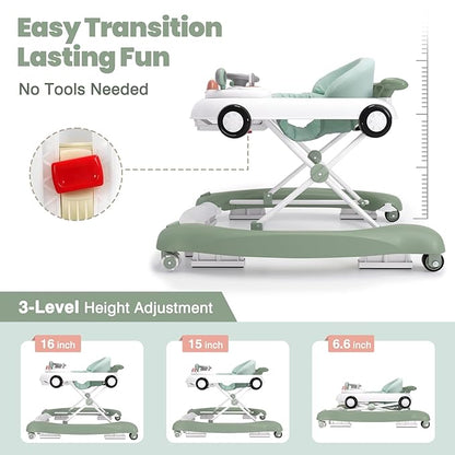 5-in-1 Convertible Baby Walker with Steering Wheel Music Activity Center – Infant Rocker, Jumper, Push Walker, Bouncer & Feeding Foldable Walker for Ages 6-18 Months Boys Girls (Mint)