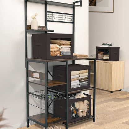 Homsorout Stackable Storage Bins with Lids - Large Storage Box with Lids, Foldable Closet Boxes for Organizing, Wardrobe Clothes Organizer with Window, Cubes Bins for Living Room, 4 Pack, Brown