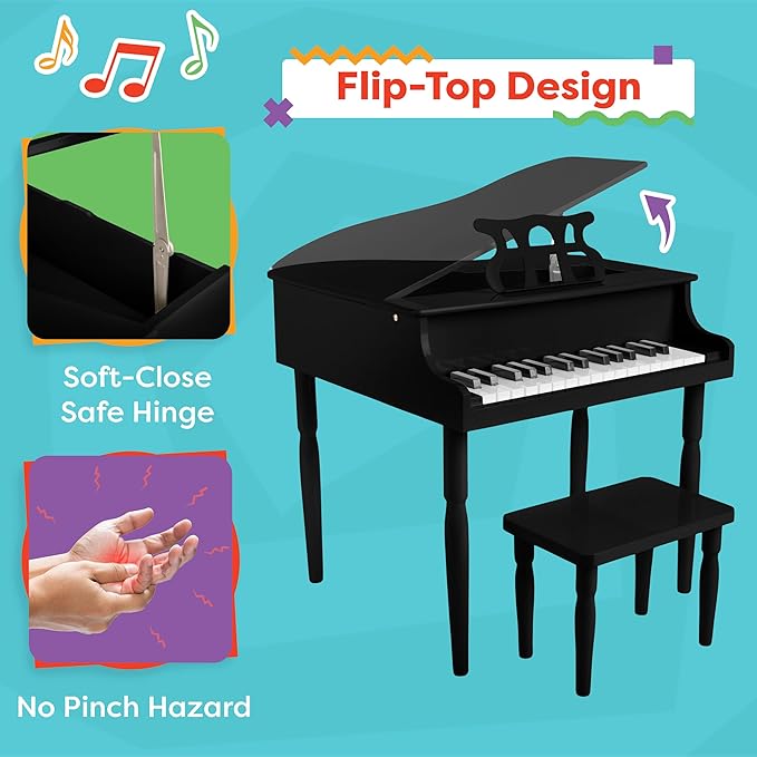 Kids Piano - 30 Key Mini Grand Piano with Music Stand, Bench, and Note Stickers - for Beginners - Instruments for Kids by Hey Play (Black)