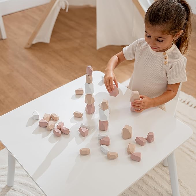 Comfy Cubs Stacking Rocks 36 Pieces, 36 Months+, Educational Toddler Stacking Blocks, Promotes Imagination, Balance & Fine Motor Skills - Wooden Rocks Sensory Toys Gift for Kid, Girl Pack
