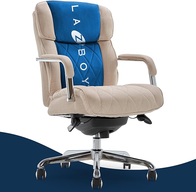 La-Z-Boy Sutherland Quilted Leather Executive Office Chair with Padded Arms, High Back Ergonomic Desk Chair with Lumbar Support, Cream Microfiber Fabric
