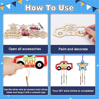 Fennoral 9 Pack DaD Wind Chime Kit for Kids Make You Own Fathers Day Craft DIY Coloring Wooden Father's Day Art and Craft for Art Activity Dad Birthday Decoration Dad Gifts from Daughter Son