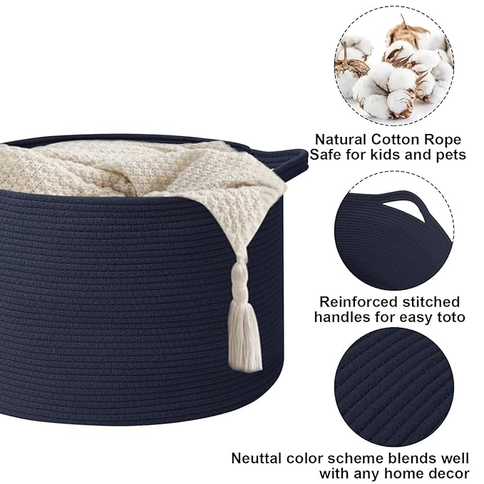 90L Large Blanket Basket,21.7"L x 21.7"W x 13.8"H Rope Woven Baskets with Handles, Toys Storage Bins,Laundry Basket Perfect for Living Room, Nursery,Bedroom,Home Organization,Dark Blue