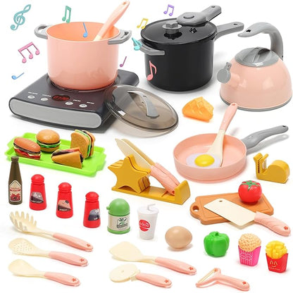 CUTE STONE Play Kitchen Accessories Set, Kids Cooking Toys Set with Play Pots and Pans, Electronic Induction Cooktop with Sound and Light, Cookware Utensils Kids Kitchen Set Kitchen Toys for Kids