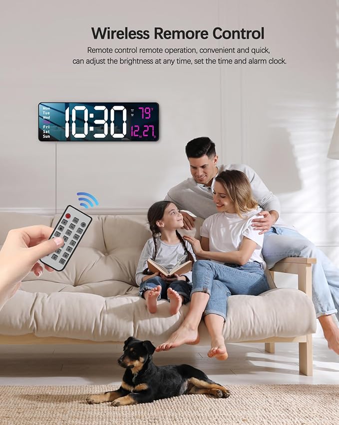 Modern 16" Large Digital Wall Clock with Remote Control, LED Display, Auto-Dimming, Countdown, Temperature, Calendar - 12/24Hr Format - Silent Wall Clock for Home, Office, or Gym Use (Pink)