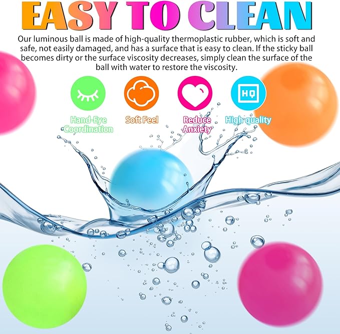 4Pcs Glow in The Dark Sensory Balls, Upgraded Glowing Sticky Balls Stick to The Ceiling, Stress Relief Sensory Ball Toys for Adults & Kids, Stocking Stuffers, Asmr Cool Stuff & Party Favors