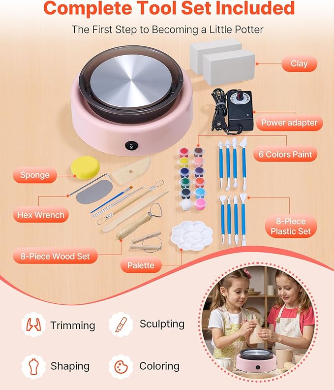VEVOR Mini Pottery Wheel for Kids and Adults Beginners, 6" Turntables & Speed Adjustable, Complete Pottery Kit With Air Clay Art Supplies Sculpting Tools for Girls Birthday Christmas Craft Gifts, Pink