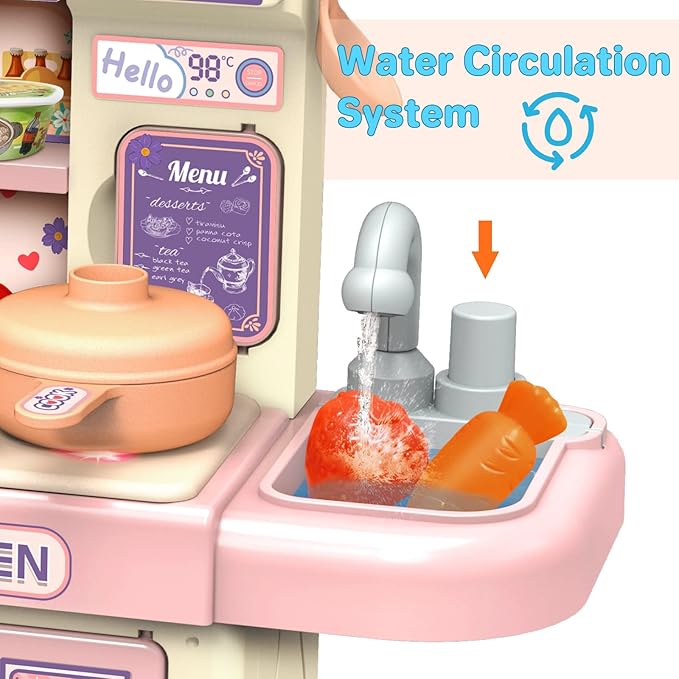 deAO Mini Kitchen Playset Toy,33 PCS Play Kitchen with Realistic Steam and Lights, Role Playing Game Pretend Food and Cooking Playset, Mini Kitchen Accessories Set for 3 4 Girls Boys