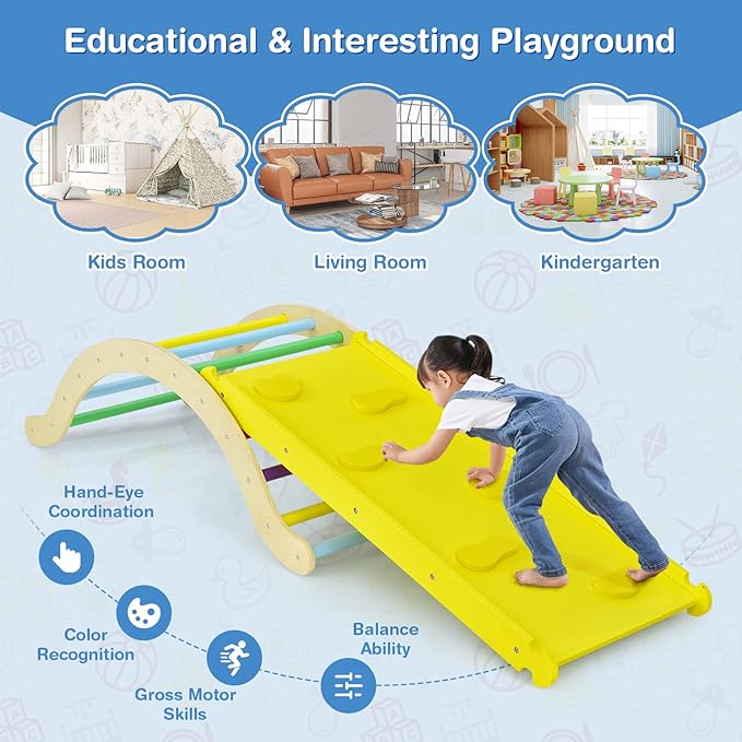 HONEY JOY Wooden Ladder Arch for Climbing, 3 in 1 Kids Climber Ladder & Rocker Board w/Cushion Pad, Toddler Climbing Toy Set for Playground, Gym & Daycare, Gift for Boys Girls(Colorful)