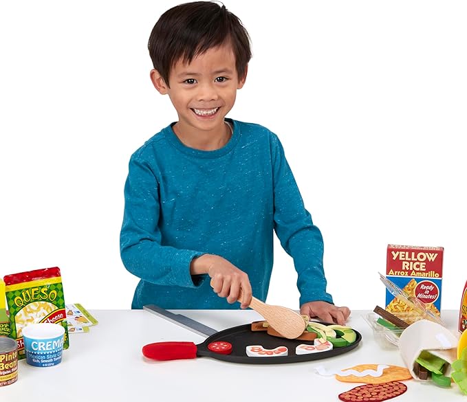 Melissa & Doug Fill & Fold Taco & Tortilla Set, 43 Pieces – Sliceable Wooden Mexican Play Food, Skillet, and More Taco Play Food Set, Pretend Kitchen Toy For Kids Ages 3+ - FSC-Certified
