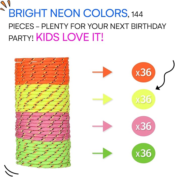Neliblu Friendship Bracelets - Pack of 144 Neon Rope Bracelet, 7-Inch Adjustable in Orange, Yellow, Pink, and Green - Fun Accessories for Kids and Adults - Ideal for Party Favors, Gift Bags, and More