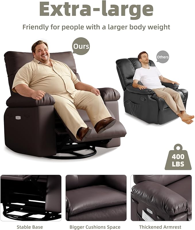 Electric Recliner Chair - 360° Rocker Swivel Recliner with Heat and Massage, PU Leather Large Power Recliner for Adults, Comfortable Lazy Chair with 1.5X Sponge Filling for Living Room