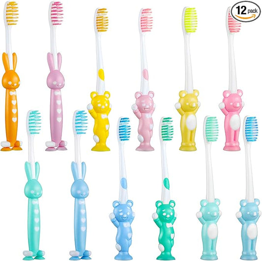 Patelai 12 Pcs Toddler Toothbrush for Age 2+, Children Disposable Manual Toothbrush Bulk with Suction Cup for Upright Storage, Soft Individually Kids Toothbrush Set with Dust Covers