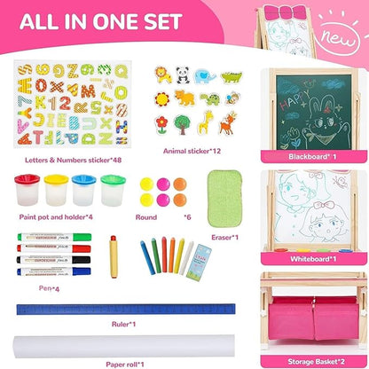 Kids Wooden Easel All-in-one Kid Easel Double Sided Standing Whiteboard Blackboard Children Art Easel with Storage, Height Adjustable Easel for Boys Girls Painting and Writing