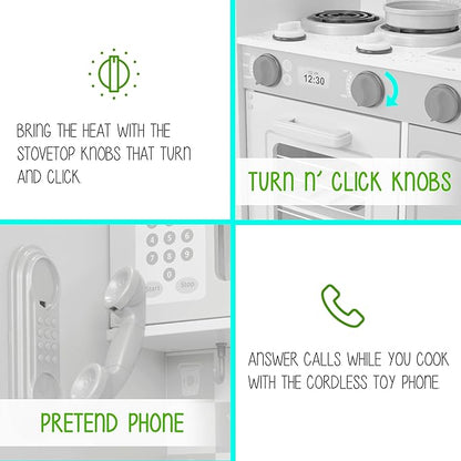 Lil' Jumbl Kids Kitchen Set, Pretend Wooden Play Kitchen with Chalk Board, Play Phone, Towel Rack & Ice Dispenser, Clicking Knobs, Pots & Utensils Included - White