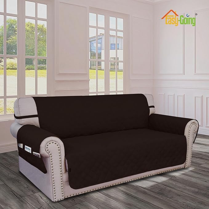 Easy-Going Waterproof Oversized Loveseat Covers Leakproof Couch Cover for 2 Cushion Couch Sofa Cover Washable Sofa Slipcover Non-Slip Furniture Protector with Pocket for Pets (Medium-XL, Chocolate)