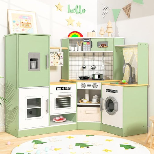 Babytronic Corner Wooden Play Kitchen Set for Kids w/Lights & Sounds, Pretend Play Kitchen Playset with Stove, Microwave, Ice Maker & Accessories, Perfect for Toddlers & Multiple Children (Green)