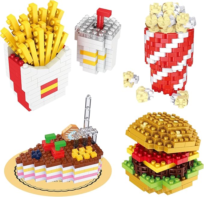 Mini Building Blocks Sets Toys City Fast Food 4 Packs for Kids, Micro Mini Blocks Bricks Kit for Party Favors Goodie Bags, Birthday Gifts Dessert Hamburger, French Fries, Cake, Popcorn