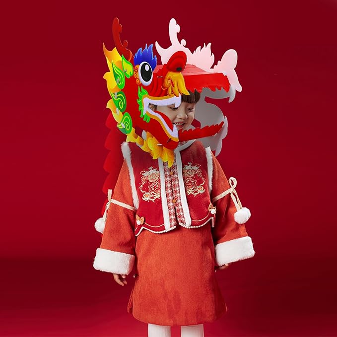 2 Pack Chinese Dragon Dance Head, DIY Assembly Interesting Educational Kids Cardboard Dragon Head, Wearable Dragon Head