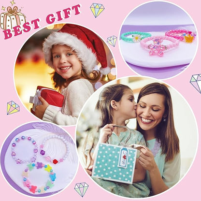 12 PCS Kids Bracelets for Girls Jewelry Little Girl Beaded Bracelets Flower Butterfly LOVE Letter Pink Princess Pretend Play Easter Christmas Birthday Gift