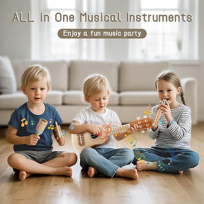 Vanplay Kids Guitar Set - Montessori Toys for 2 3 Year Old Boy Girls Birthday Gifts, 7 in 1 Musical Instruments for Toddlers 2-4, Band Sets with Ukulele/Flute/Tambourine/Maracas Toys for Kids 3-5