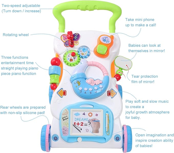Baby Play Gym Mat, Baby Gym Activity Center, Baby Walker with Music and Light, Push Toys for Toddlers 1-3 for Learning to Walk