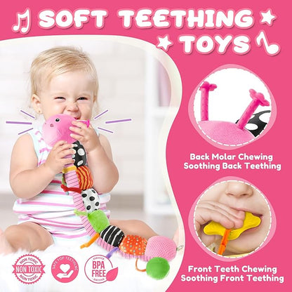 AWOTOY Baby Toys 0-6-12 Months,Musical Caterpillar Stuffed Animals Activity Infant Toys with Crinkle,Rattles,Mirror&Pull String,Muti-Sensory Toys Gifts for Newborn Tummy Time,Pink,Knot prolegs