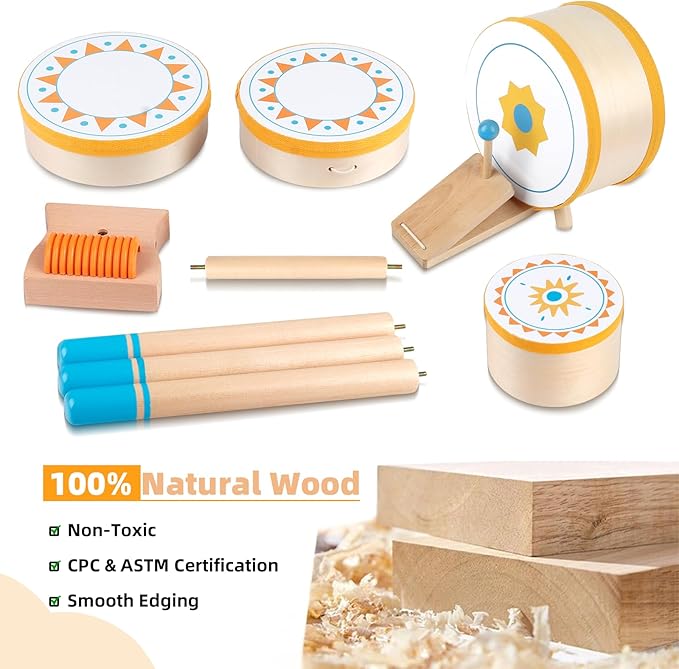 Toddlers Drum Set Toy for 3 Years Old ,Kids Wooden Jazz Drum for Toddlers Montessori Musical Instruments for Boy Girl, Percussion Set Baby Musical Toys, Birthday Gift for 3+ Kids Baby