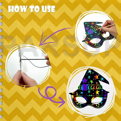 36PCS Halloween Scratch Masks, DIY Rainbow Scratch Paper Mask Art Craft Kit with Bamboo Stylus & Elastic Bands for Magic Scratch Party Favors, Birthday Gifts Pack, Halloween Party for kids