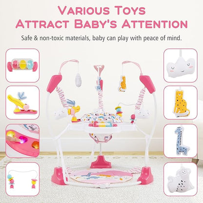 INFANS Baby Activity Center, 3 in 1 Play Center Jumpers and Bouncers with Music, Lights, Interactive Toys, 360°Rotating Seat, 3 Adjustable Heights, Exersaucer Learning Toys for Baby 6-12 Months (Pink)
