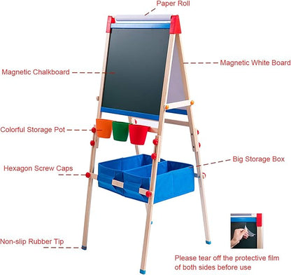 Kid's Art Easel with Adjustable Double-sided Magnetic Board, Paper Roll, Storage and Accessories, Standing Art Easel for Kids (31-55.5 inches)