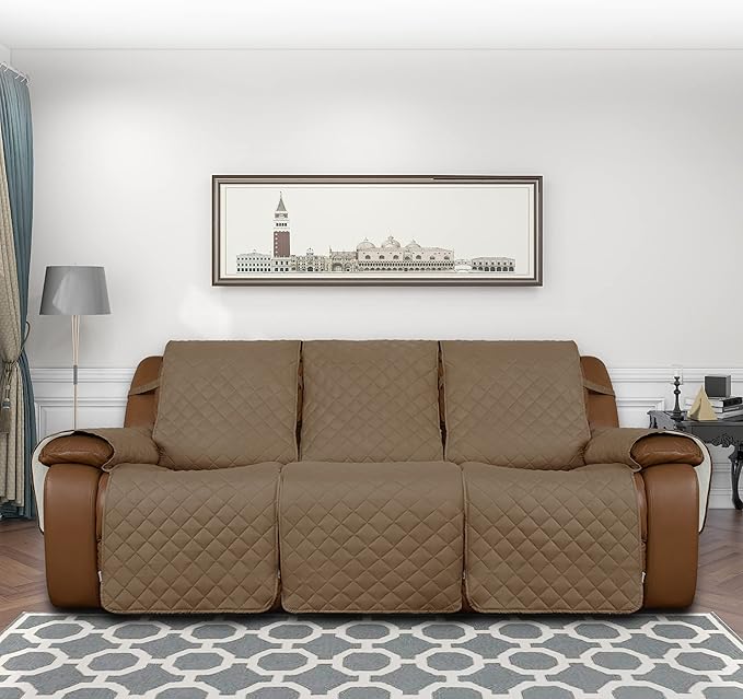 Easy-Going Recliner Sofa Cover, Reversible Couch Cover for 3 Seat Recliner, Split Sofa Cover for Each Seat, Furniture Protector with Elastic Straps for Kids, Dogs, Pets(3 Seater, Camel/Ivory)