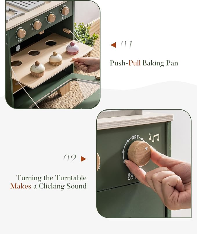 ROBUD Vintage Wooden Toy Kitchen Oven for Kids, Pretend Play Oven with Push-Pull Baking Tray, Realistic Sound Effects, Ideal Gift for 3+ Years Old Grils and Boys