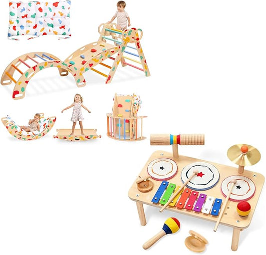 WINGYZ Baby Drum Set – 9-in-1 Wooden Musical Instruments for Toddlers 1-3 & WINGYZ Pikler Triangle Set, Montessori Foldable 8-in-1 Jungle Gym & Reversible Animal Slide for Toddlers 18month-7years