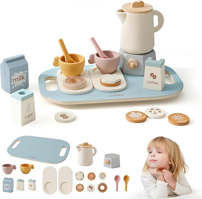 Tea Party Set for Kids- Wooden Tea Set for Little Girls and Boys |18 PCS Coffee Tea Set for Toddlers | Kids Play Kitchen Accessories Toy Pretend Play Toddler Tea Set with Silicone - Ideal Gift