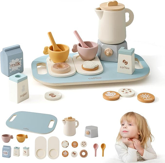 Tea Party Set for Kids- Wooden Tea Set for Little Girls and Boys |18 PCS Coffee Tea Set for Toddlers | Kids Play Kitchen Accessories Toy Pretend Play Toddler Tea Set with Silicone - Ideal Gift