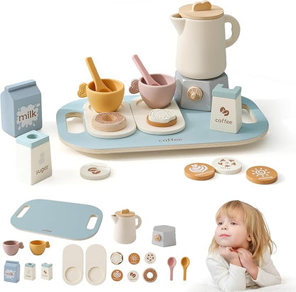 Tea Party Set for Kids, Wooden Tea Set for Little Girls and Boys, Kids Play Kitchen Accessories Toy Tea Set for Toddler, Pretend Play Toddler Tea Set Ideal Gift (Light Blue Coffee Tea Set)