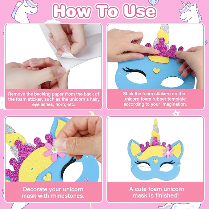 Fennoral 6 Pack Unicorns Masks Craft for Kids Creative Make Your Own Unicorns Masks Foam Stickers DIY Arts and Crafts for Kids Boys Girls Unicorns Theme Party Decorations Birthday Gift