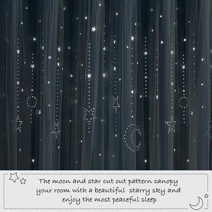 NICETOWN Nursery Curtains for Girls Bedroom Hollow-Out Star Window Curtain 84 inches Length Room Darkening Grommet 2 Layers for Nursery, (Stone Blue, W52 X L63, 2 Panels)