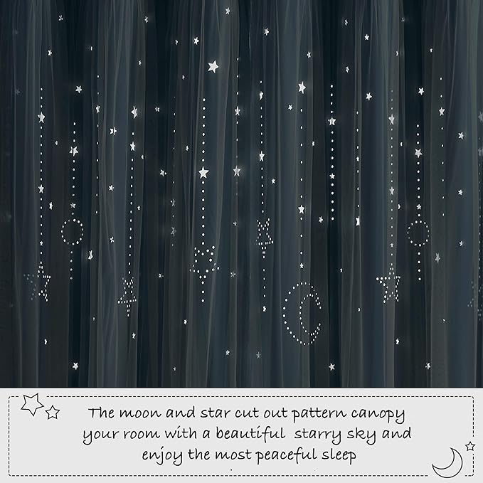 NICETOWN Nursery Curtains for Girls Bedroom Hollow-Out Star Window Curtain 84 inches Length Room Darkening Grommet 2 Layers for Nursery, (Stone Blue, W52 X L63, 2 Panels)