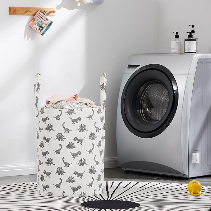 Large Storage Basket for Girls and Boys, Collapsible Laundry Hamper with Long Handles, Toy Bins for Nursery, Kids Room Décor (Grey Dinosaur)