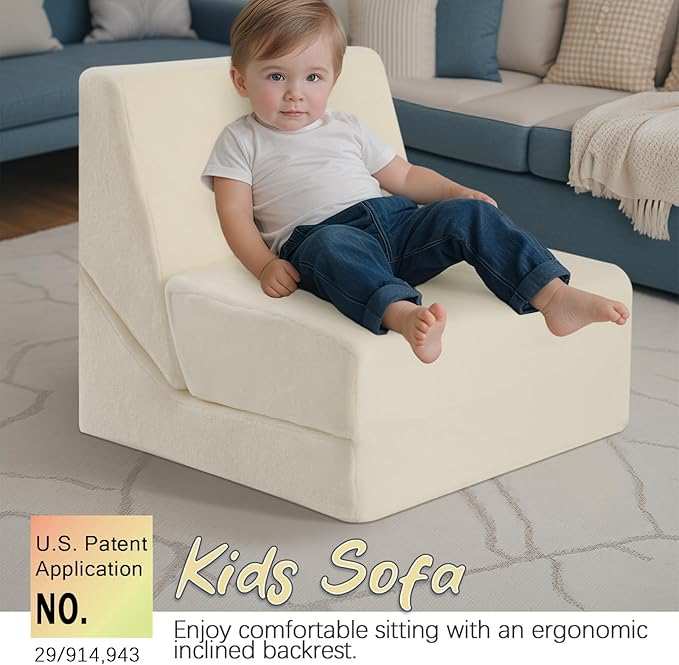 MeMoreCool Toddler Couch Fold Out Sofa Bed, Kids Lounge Chair Foldable Floor Lounger, 3-in-1 Folding Children Chair Bed, Pull Out Recliner for Toddlers 1-3, Beige