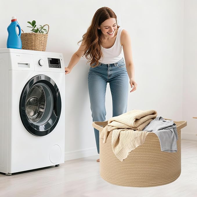 65L Extra Large Woven Cotton Rope Blanket Basket with Handles, Laundry Hamper Storage Bin for Pillows, Comforters,Clothes, Toys, Nursery, Bedroom and Living Room Organization,Camel