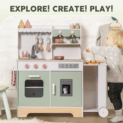 ROBUD Wooden Play Kitchen Set for Kids Toddlers, Pretend Kitchen Playset with BBQ Grill, Ice Maker, Coffee Machine, and Accessories, Toy Kitchen Gift with Lights & Sounds for Girls & Boys, Age 3+