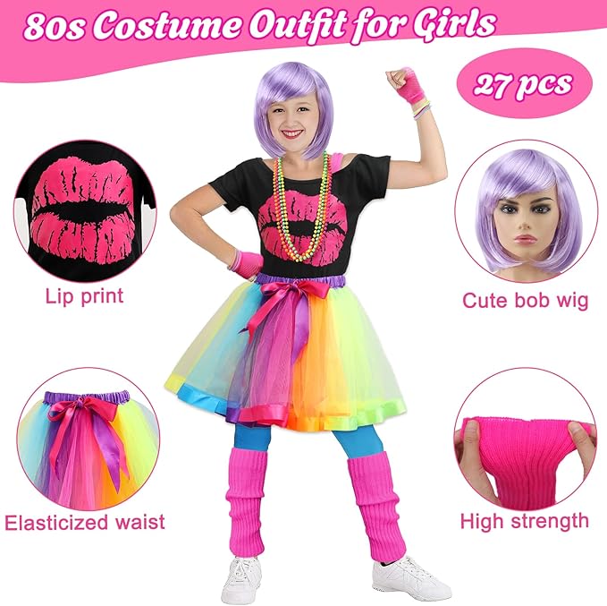27pcs Kids 80s Outfit Costume Girls 80s Wig Legwarmers Shirt Dress Glasses Earrings Accessories Halloween Party Supplies