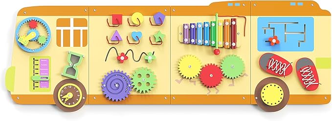 BlueWood 2024 8 in 1 Pikler Triangle Climbing Set, School Bus Wall Busy Board Panels