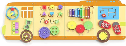 BlueWood 2024 8 in 1 Pikler Triangle Climbing Set, School Bus Wall Busy Board Panels